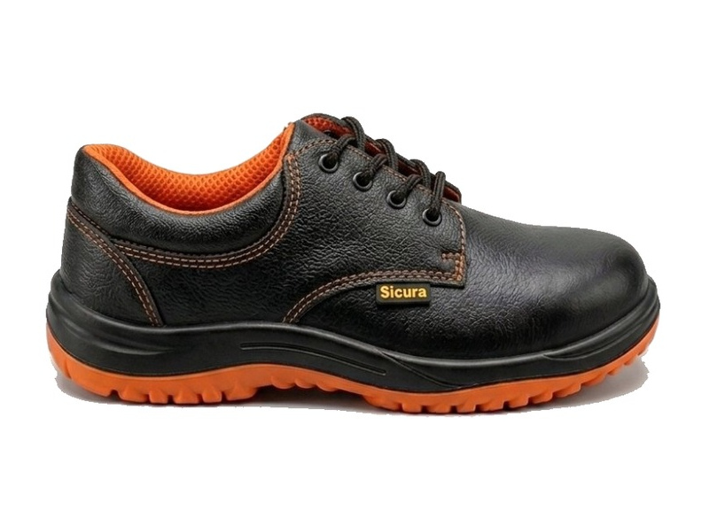 Black lace-up safety shoe with orange accents